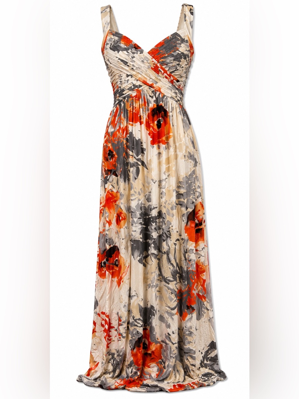 Robbie Bee Sleeveless Floral Maxi Dress in Cream, Gray & Orange